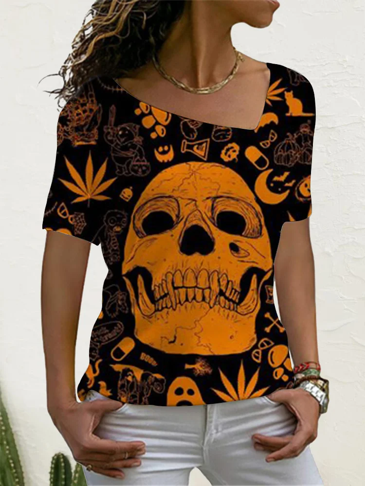 Halloween Skull Print V Neck T Shirt