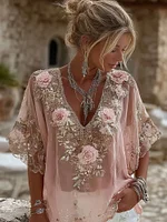 Women's Pink Roses Embroidered Art V-neck Short Sleeve T-shirt