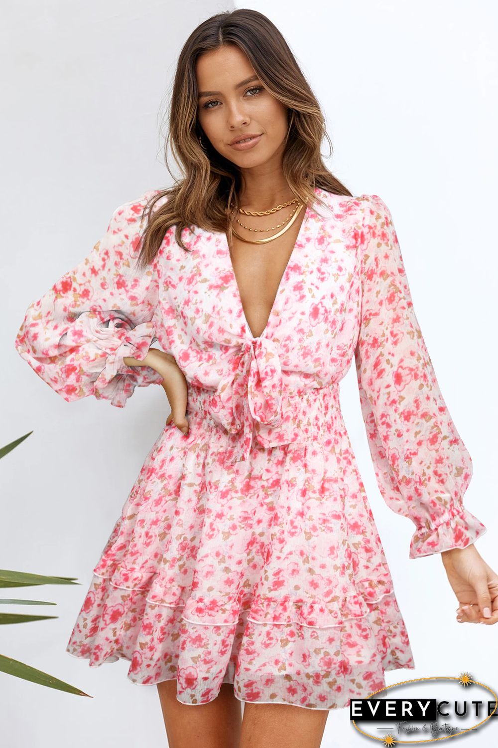 Pink Deep V Neck Lantern Sleeve Knotted Tiered Mini Dress