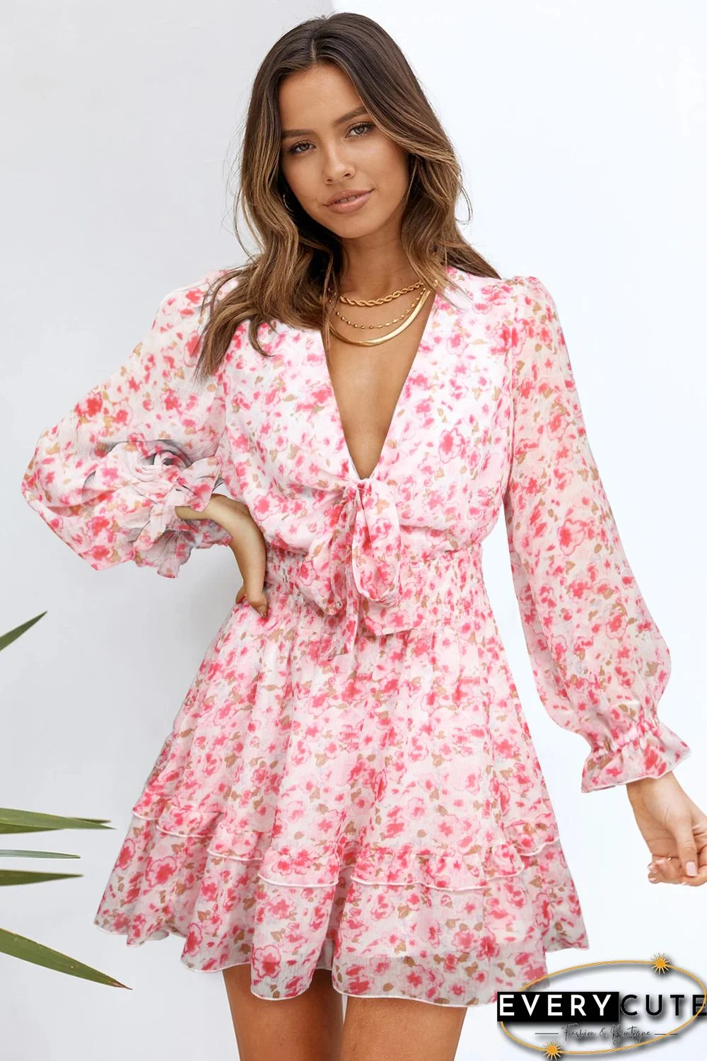 Pink Deep V Neck Lantern Sleeve Knotted Tiered Mini Dress