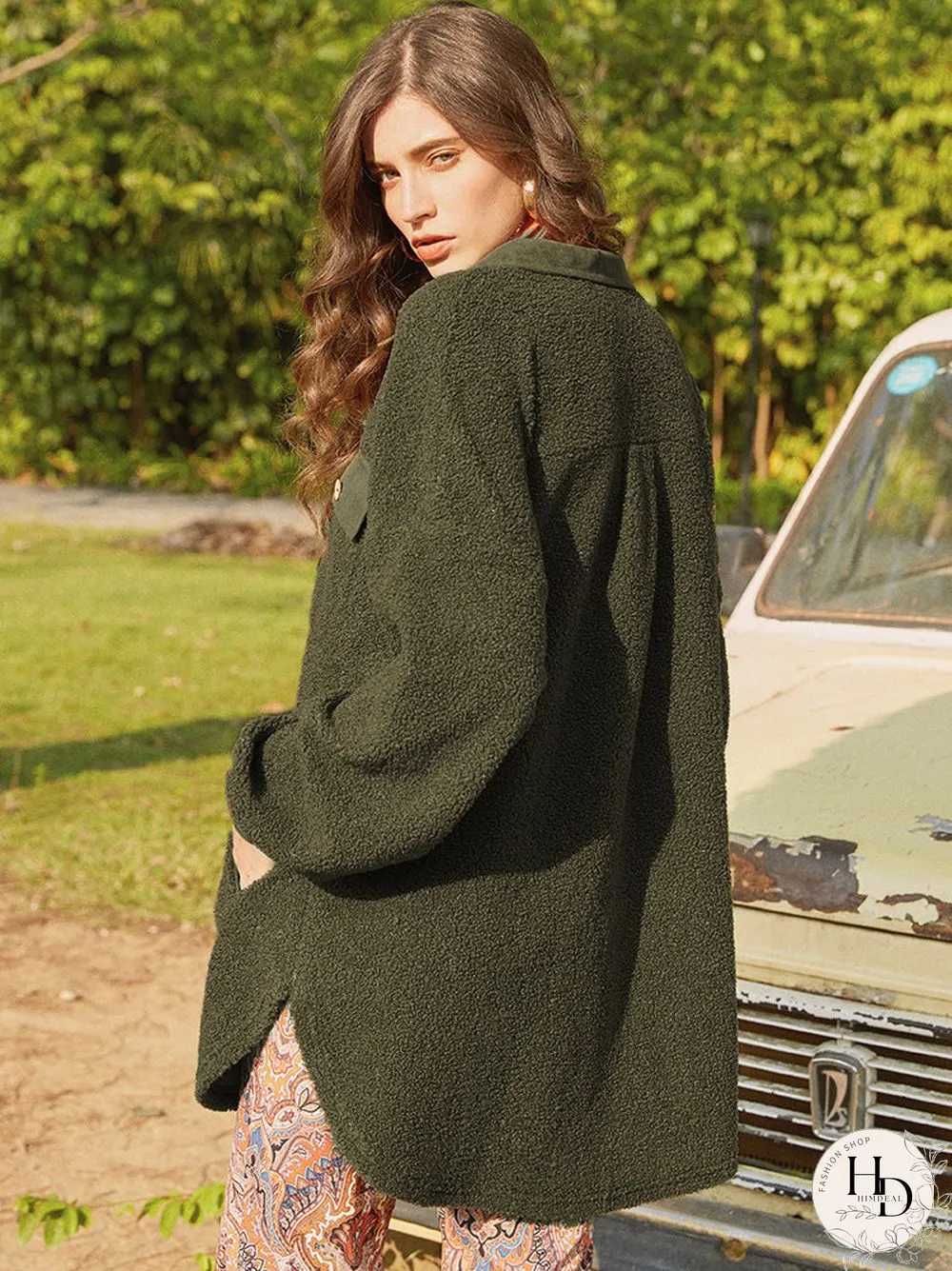 Fleece Patchwork Solid Color Hooded Long Sleeve Coat