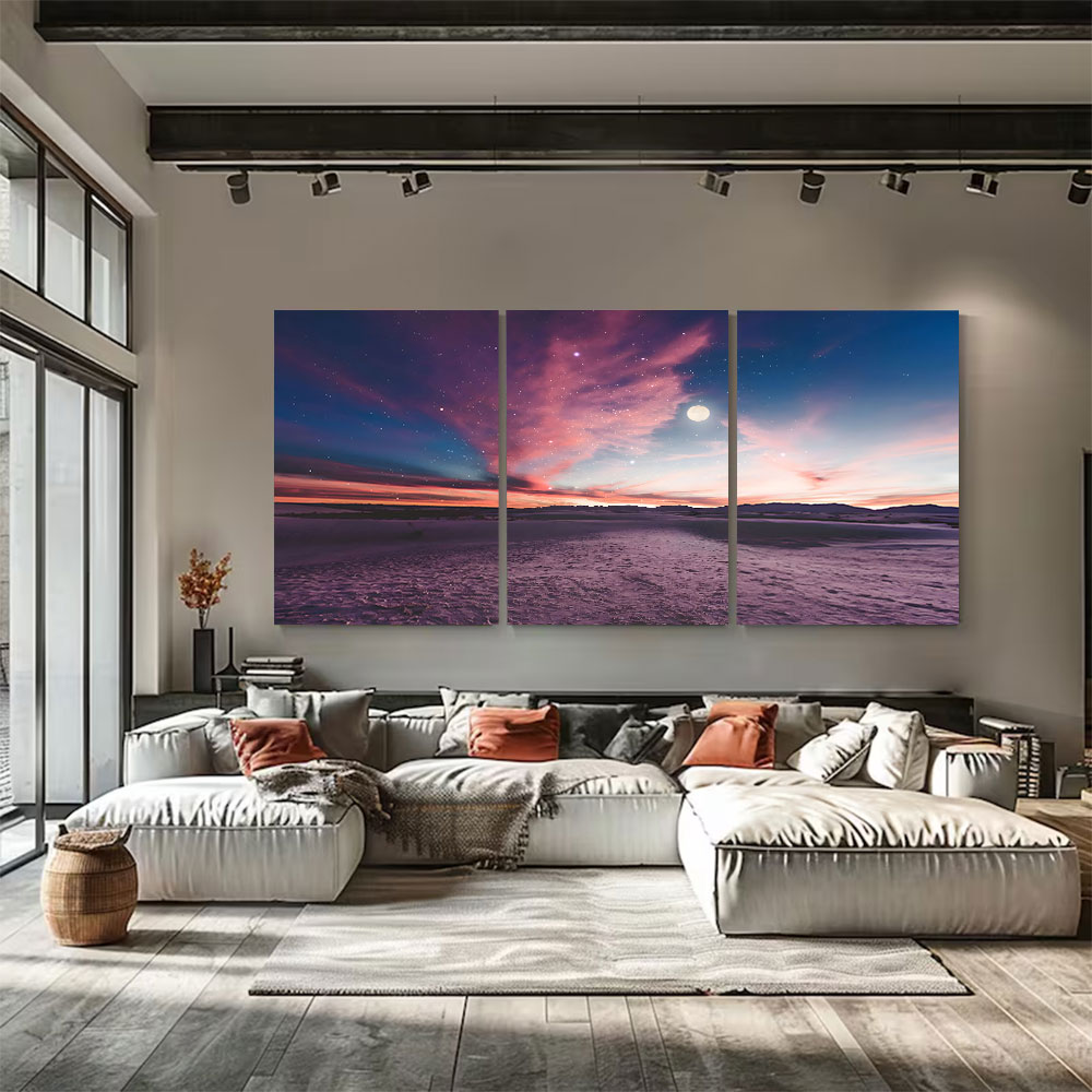 3-Piece Set Pink and Purple Sky Seascape Canvas Art