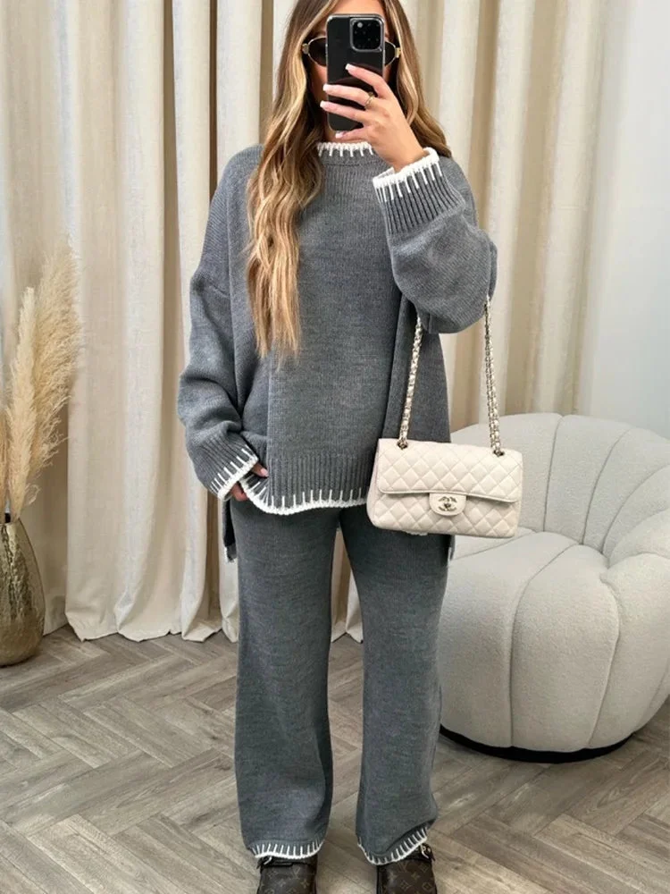 Huiketi Women's Knitwear Suit Autumn Winter Loose O-neck Long Sleeve Striped Pullover Soft High Waist Straight Pants Two-piece Suits