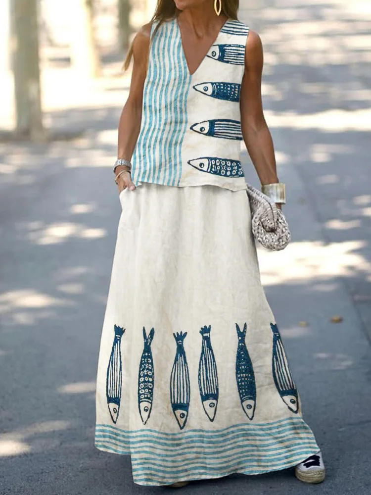 Fish & Sea Waves Japanese Lino Art Linen Blend Tank Top & Skirt Set
