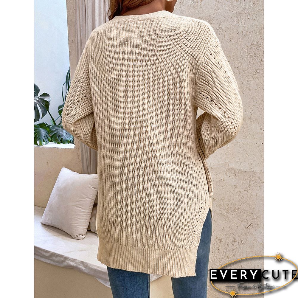 Khaki Hollow-out Button Split Cardigan