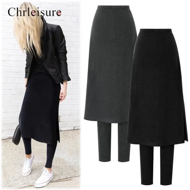 CHRLEISURE Women Sexy Two Pieces Skirt Leggings Slim Fit Elastic Winter Warm Fleece Long Skirt Leggings Solid Color