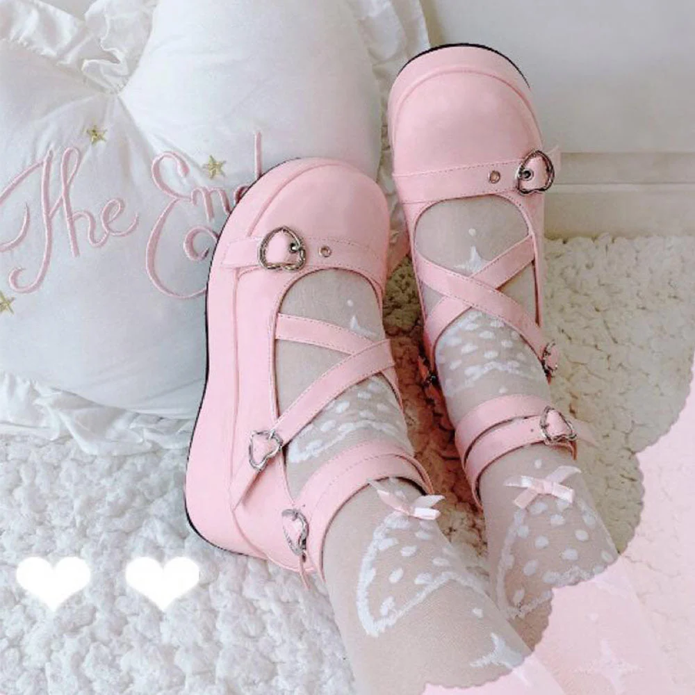 2021 Brand Sweet Lovely Buckles Lolita Mary Janes Cosplay Black Gothic Pink Platform Med Heels Shoes Women Pumps Big Size 43