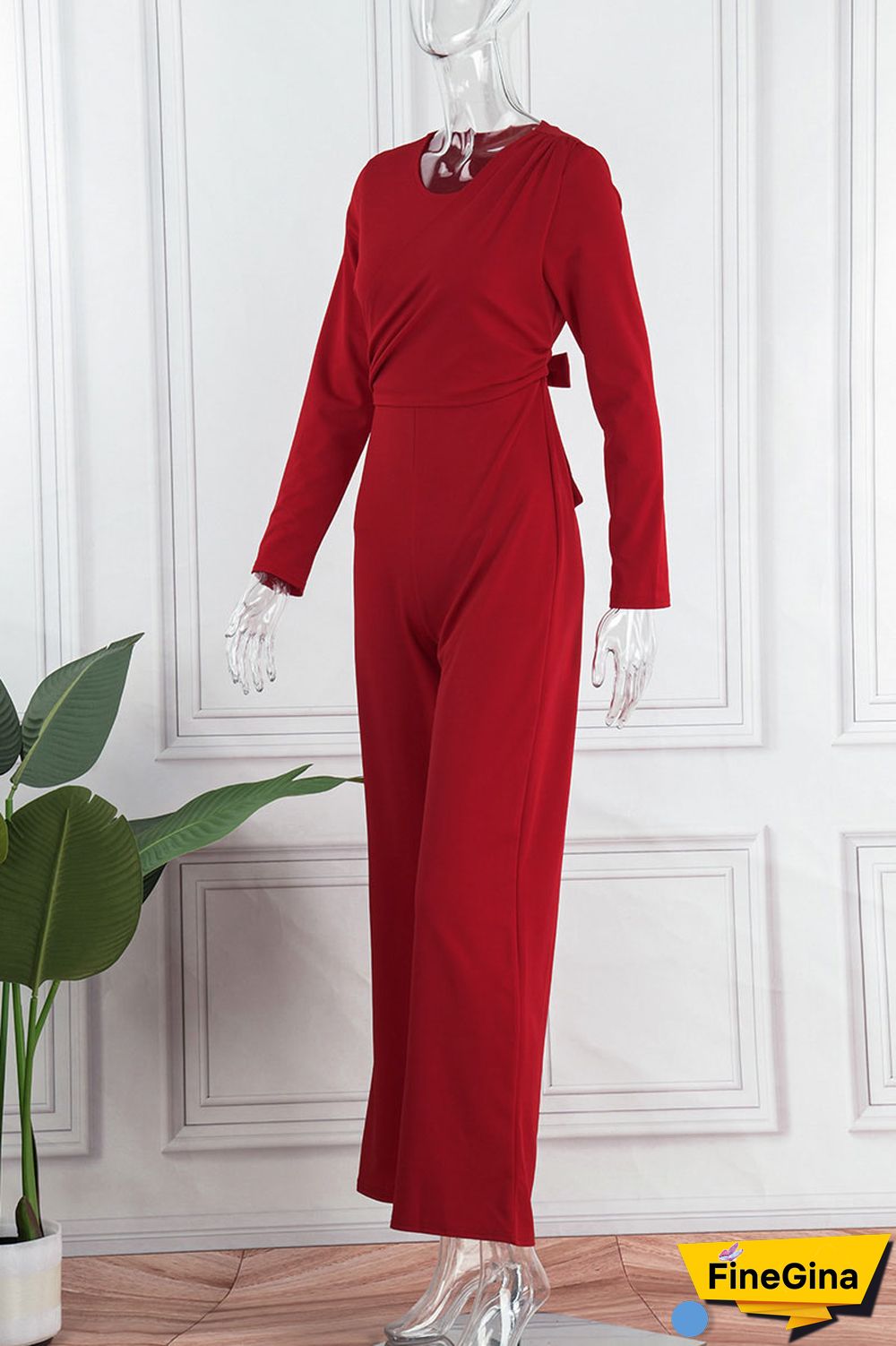 Red Casual Solid Bandage Patchwork Fold O Neck Straight Jumpsuits