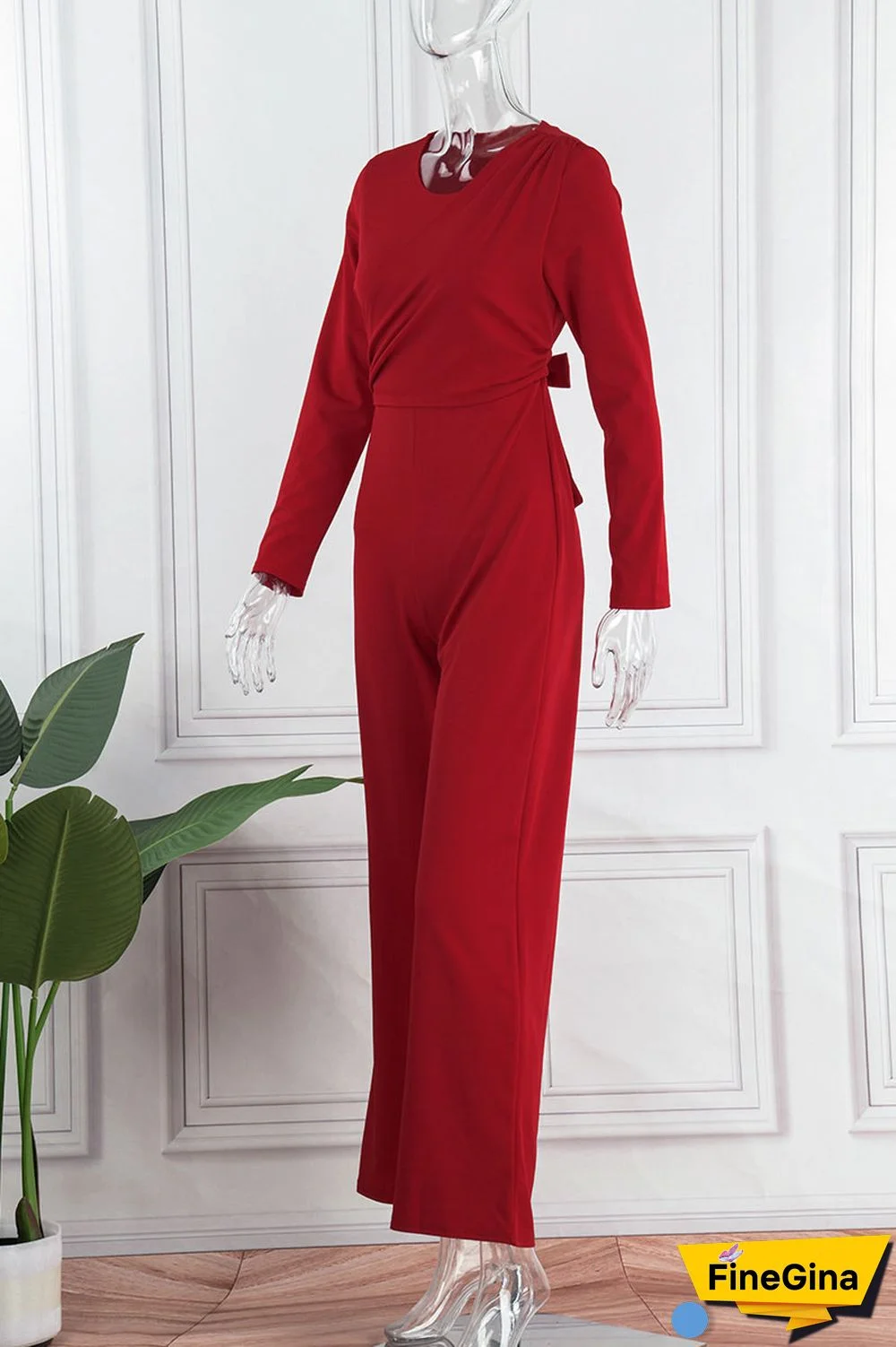 Red Casual Solid Bandage Patchwork Fold O Neck Straight Jumpsuits