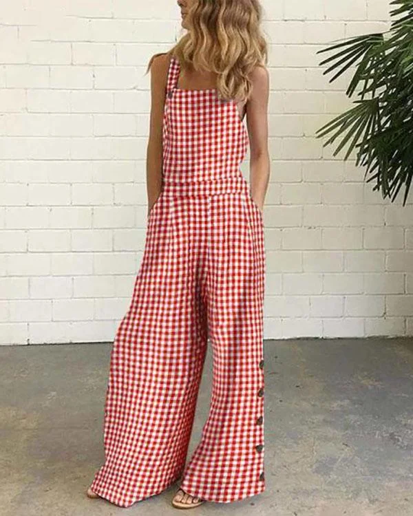 Sleeveless Casual Plaid One-Pieces Jumpsuit-