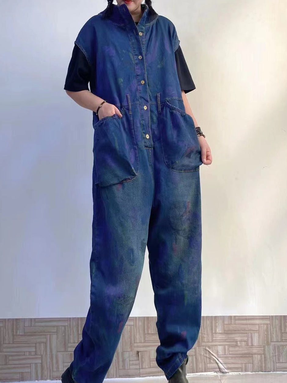 Women's Printed Gradient Casual Retro Wide-leg Workwear Denim Overalls Jumpsuit