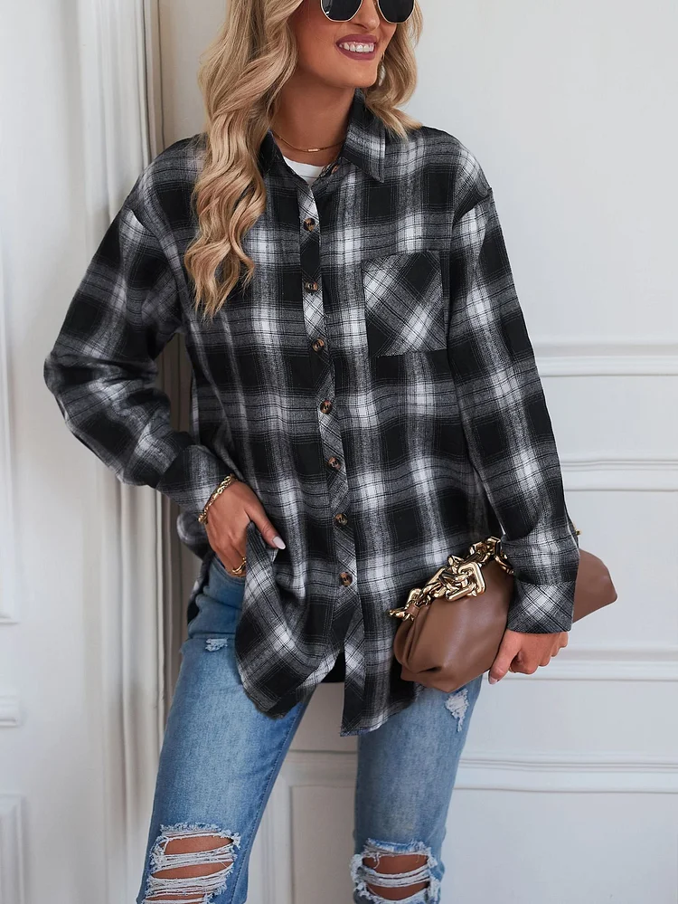Women's Plaid Shirt Lapel Long Sleeve Check Shirt Oversize Plaid Shirt Jacket