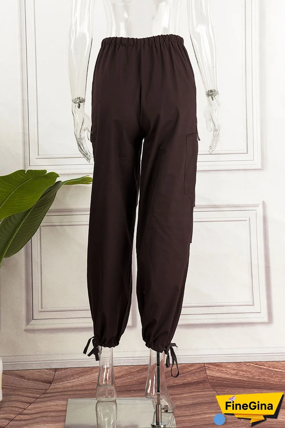 Brown Casual Street Solid Patchwork Pocket Loose Low Waist Wide Leg Solid Color Bottoms