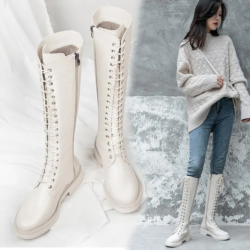 2020 Fashion INS High Boots Woman Knights Knee Boots Thicken Plush Women Winter Shoes British Style Block Heel Lace-up Footware