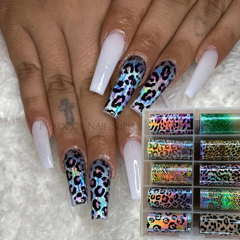 Animal Print Nail Foils Stickers Decal Sliders Transfer Foil Wrap Leopard Nail Art Sticker 10 rolls/box-Nail Inspo