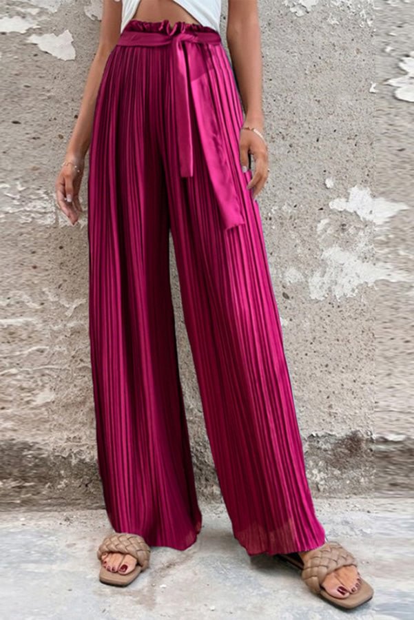 Cali Satin Belt Pleated Wide Leg Pants