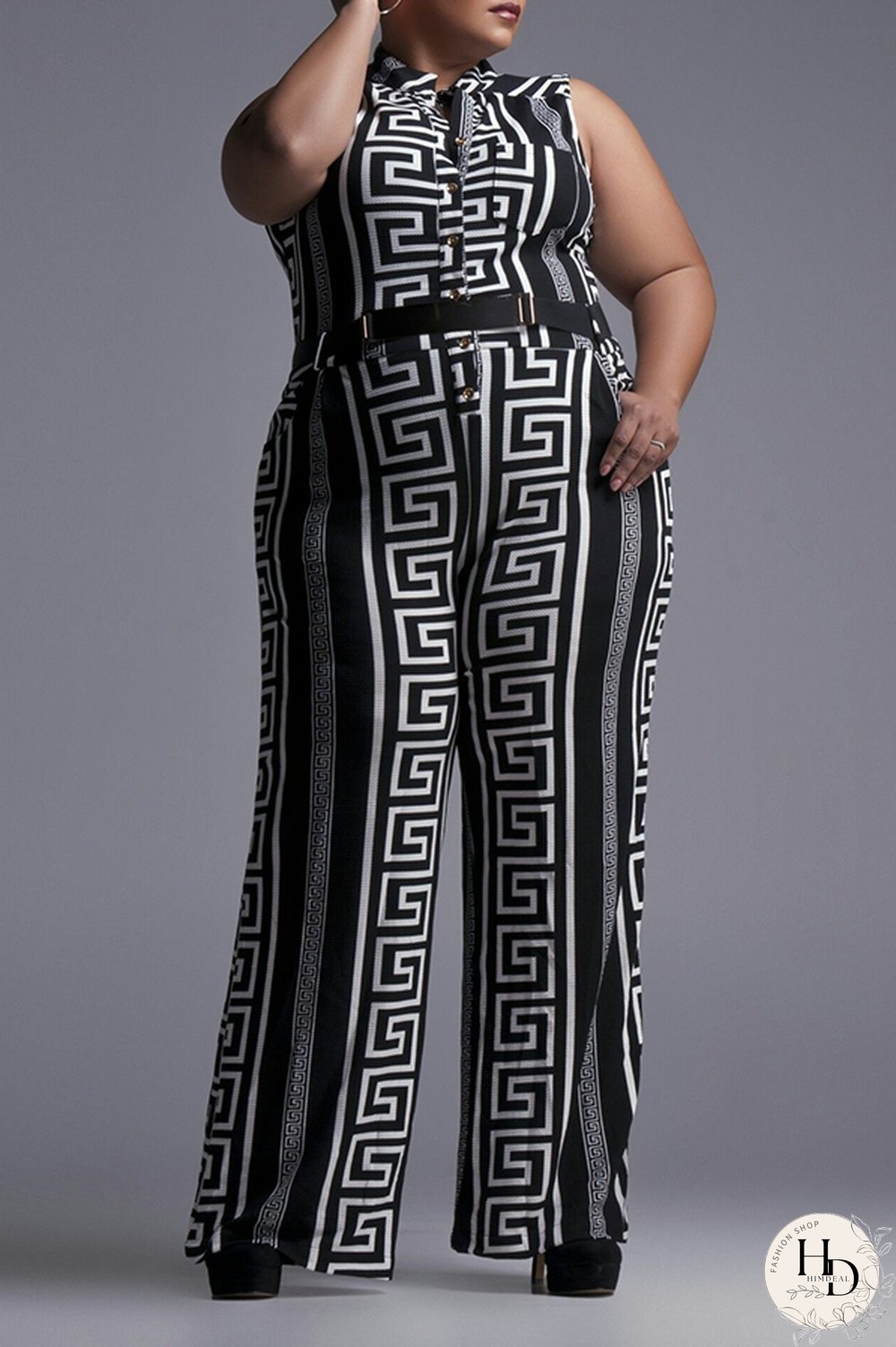 Black Casual Print Patchwork Buckle Mandarin Collar Straight Jumpsuits