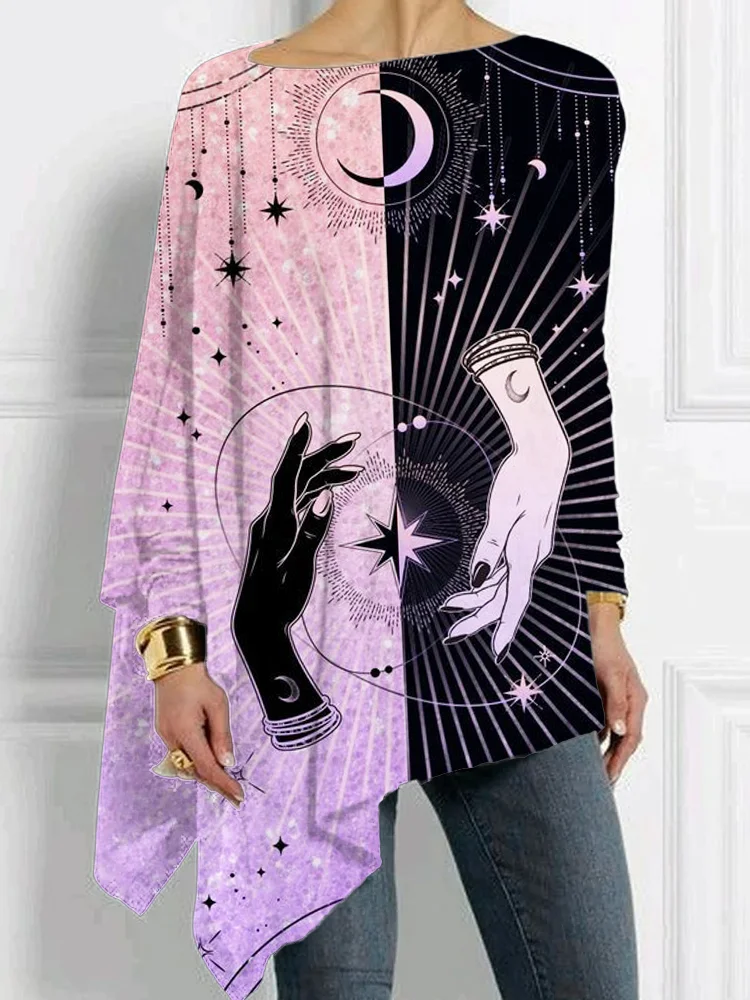 Sacred Geometry Print Bat Sleeve T Shirt