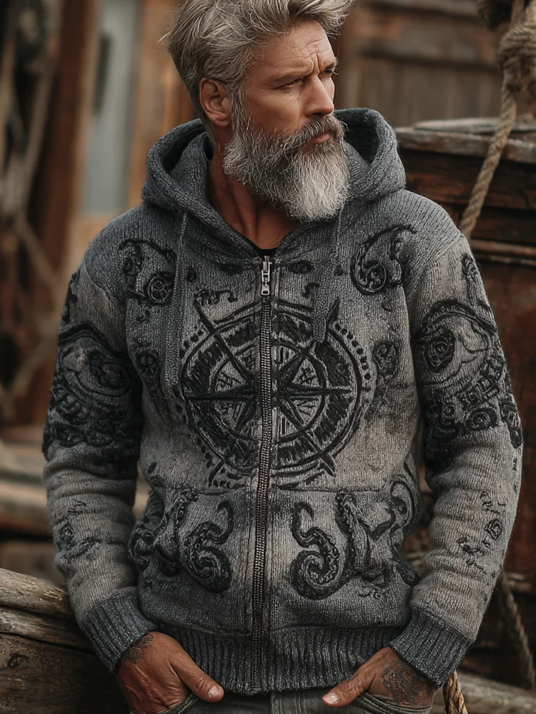 Vintage Viking Sailing Style Compass Octopus Element Men's Hooded Sweater Coat