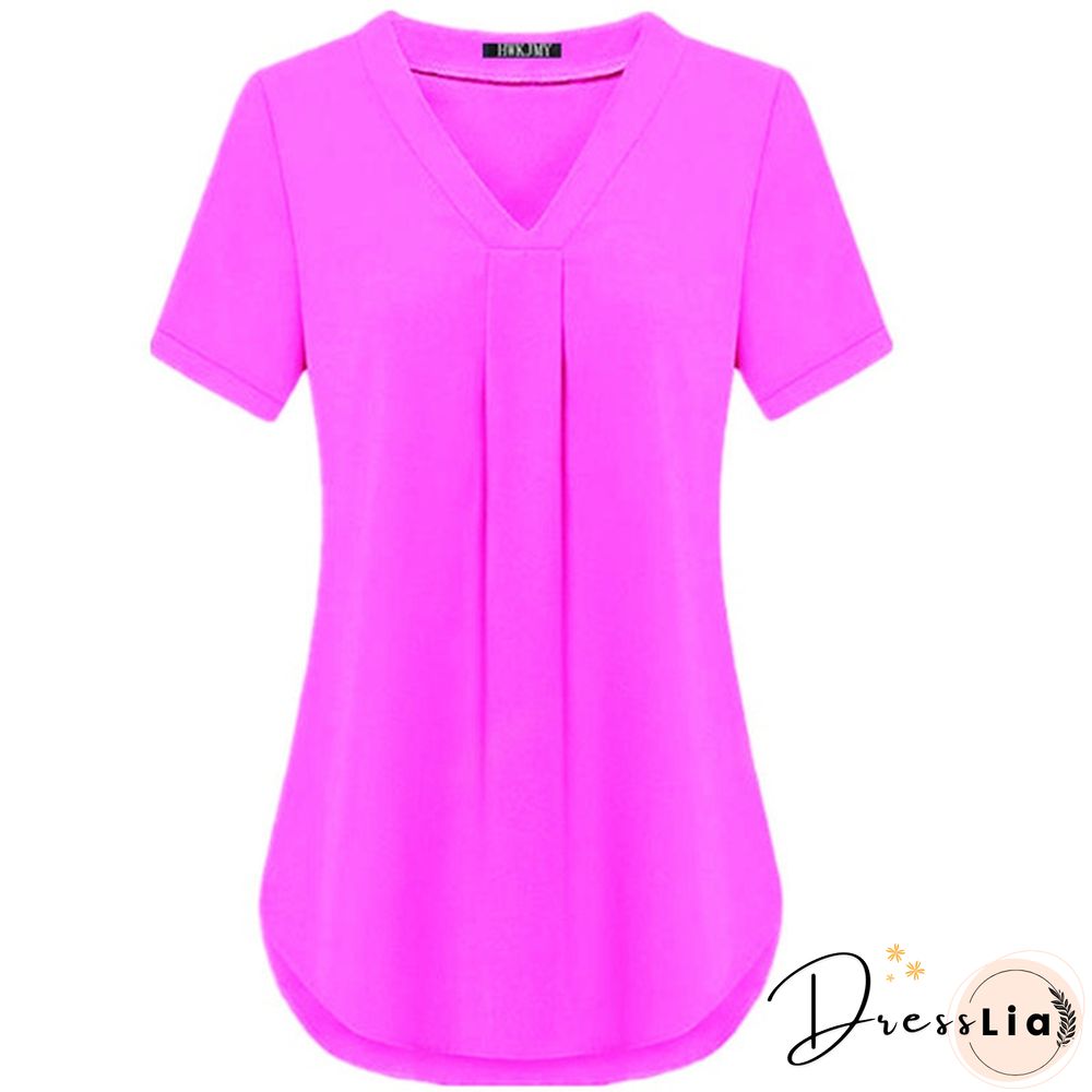 Women's Fashion Summer Sexy V-neck Short Sleeve Shirt Solid Color Loose Pleated Chiffon T-shirt Tops Blouse Plus Size S-6XL