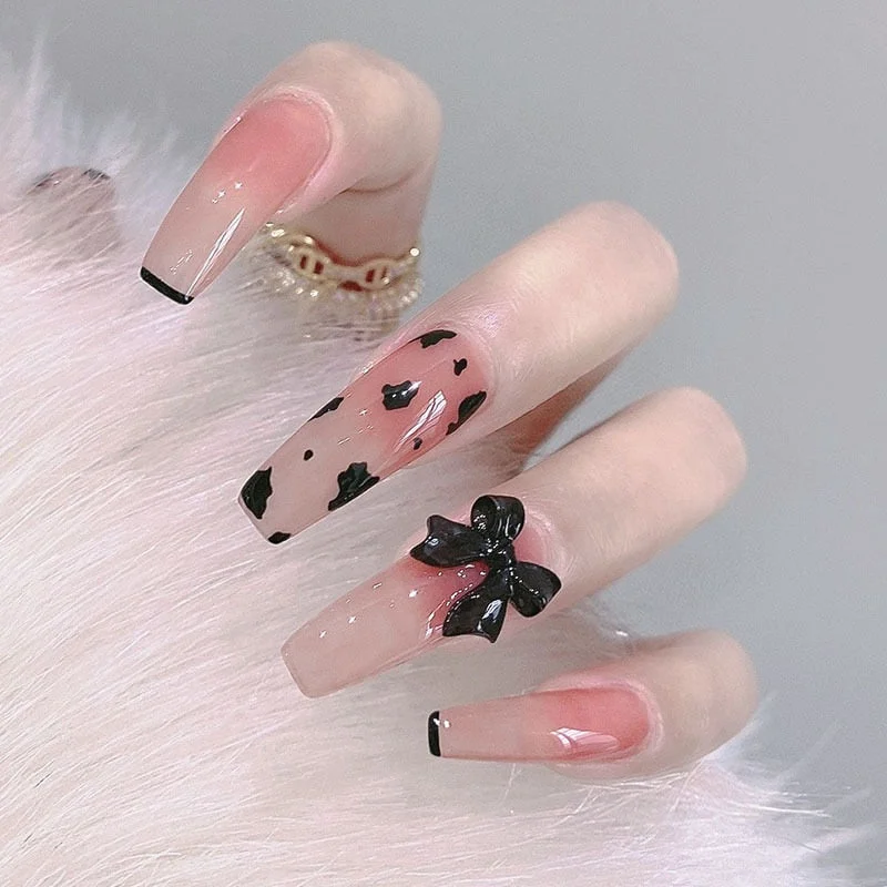 24pcs Bow Love Heart Printed Design False Nails Patch with Glue Women Manicure False Nails Patch with Glue Press On Nails Tips-Nail Inspo