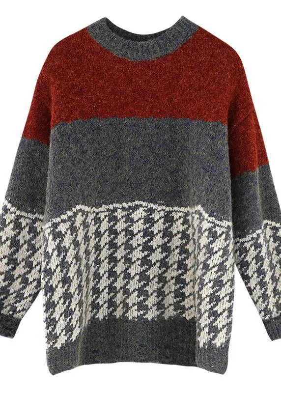 Chunky burgundy knitted t shirt o neck baggy spring knitted blouse