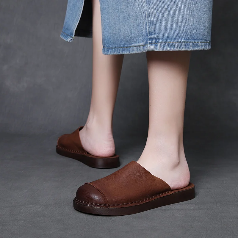 Yyvonne Time 99] Head-Level Cow Skin Retro Wearing Baotou Half Slippers Women's Summer Comfortable Leisure Boun Slippers