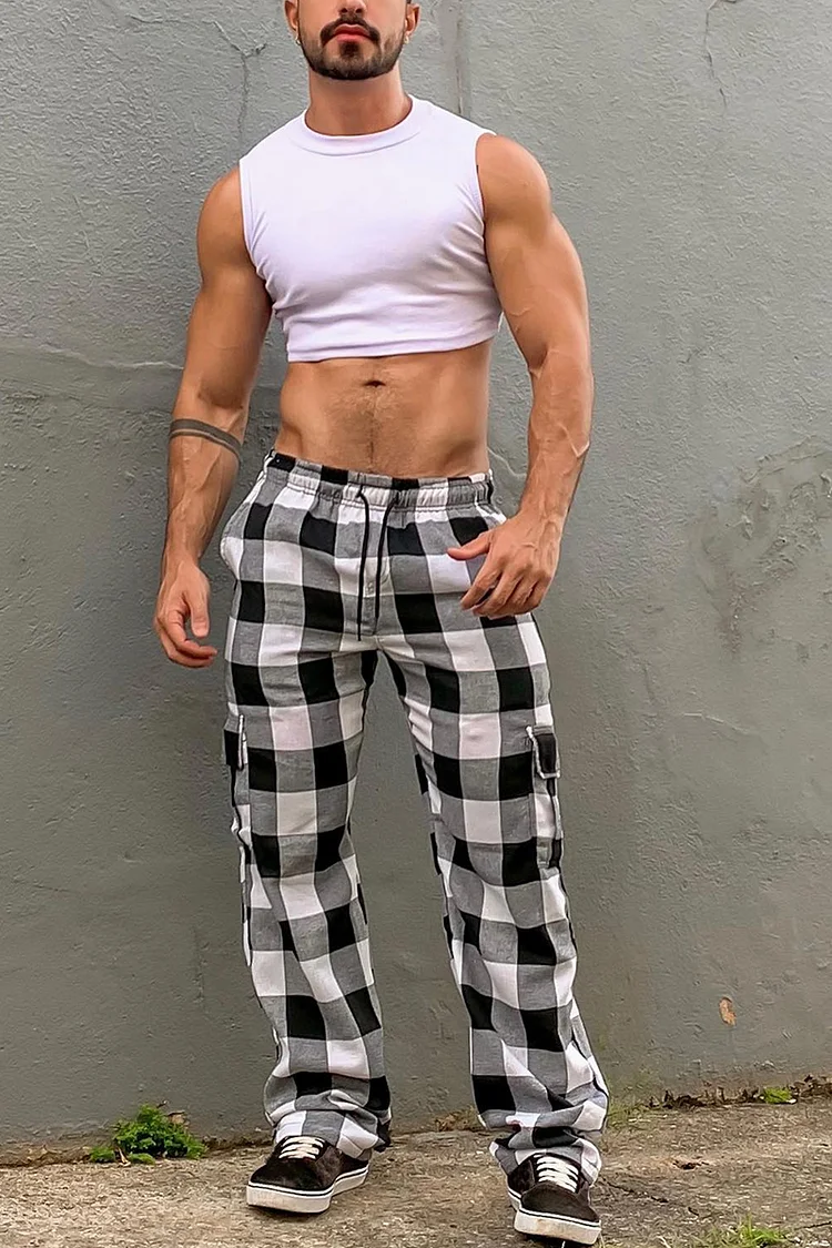 Casual Plaid Black And Green Wide Leg Pants With Pockets [Pre-Order]