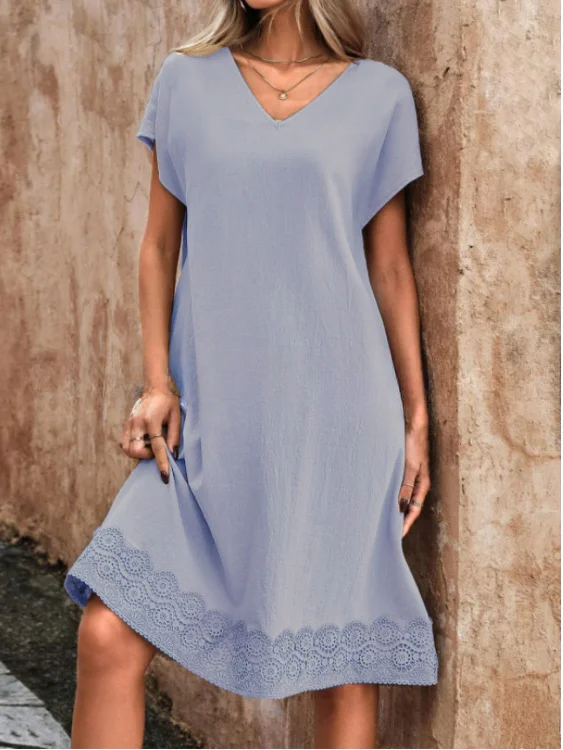 Women's summer short-sleeved loose cotton mid-length lace dress socialshop