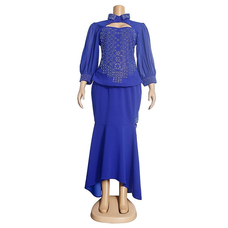 African Americans fashion QFY African Plus Size Two Piece Clothes For Women 2022 Summer Autumn Chiffon Tops Mermaid Skirt Suit Luxury Dubai Evening Gowns Ankara Style QueenFunky