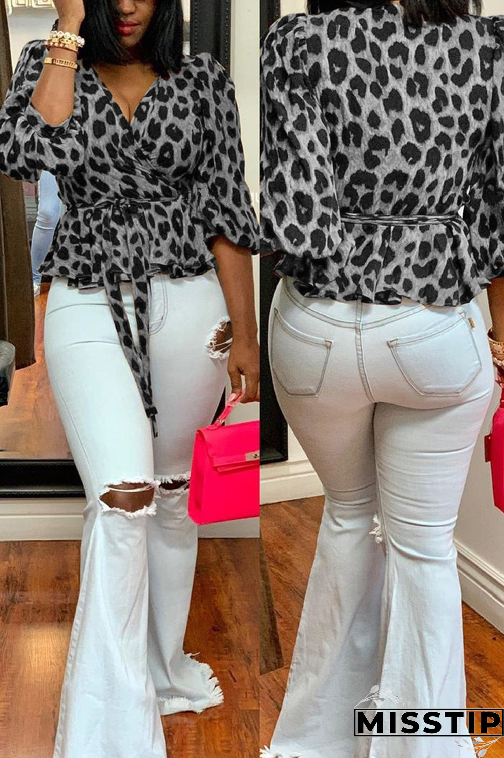 Grey Street Leopard Bandage V Neck Tops