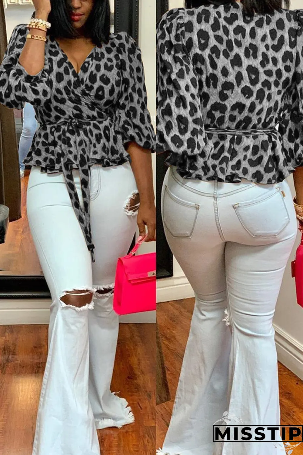 Grey Street Leopard Bandage V Neck Tops