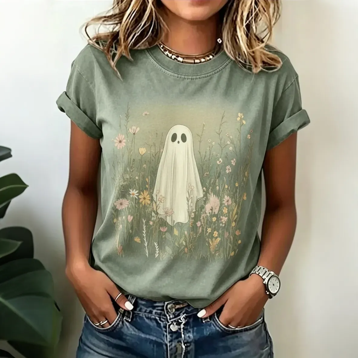 Comstylish Women's Retro Halloween Ghost Pattern Casual T-shirt