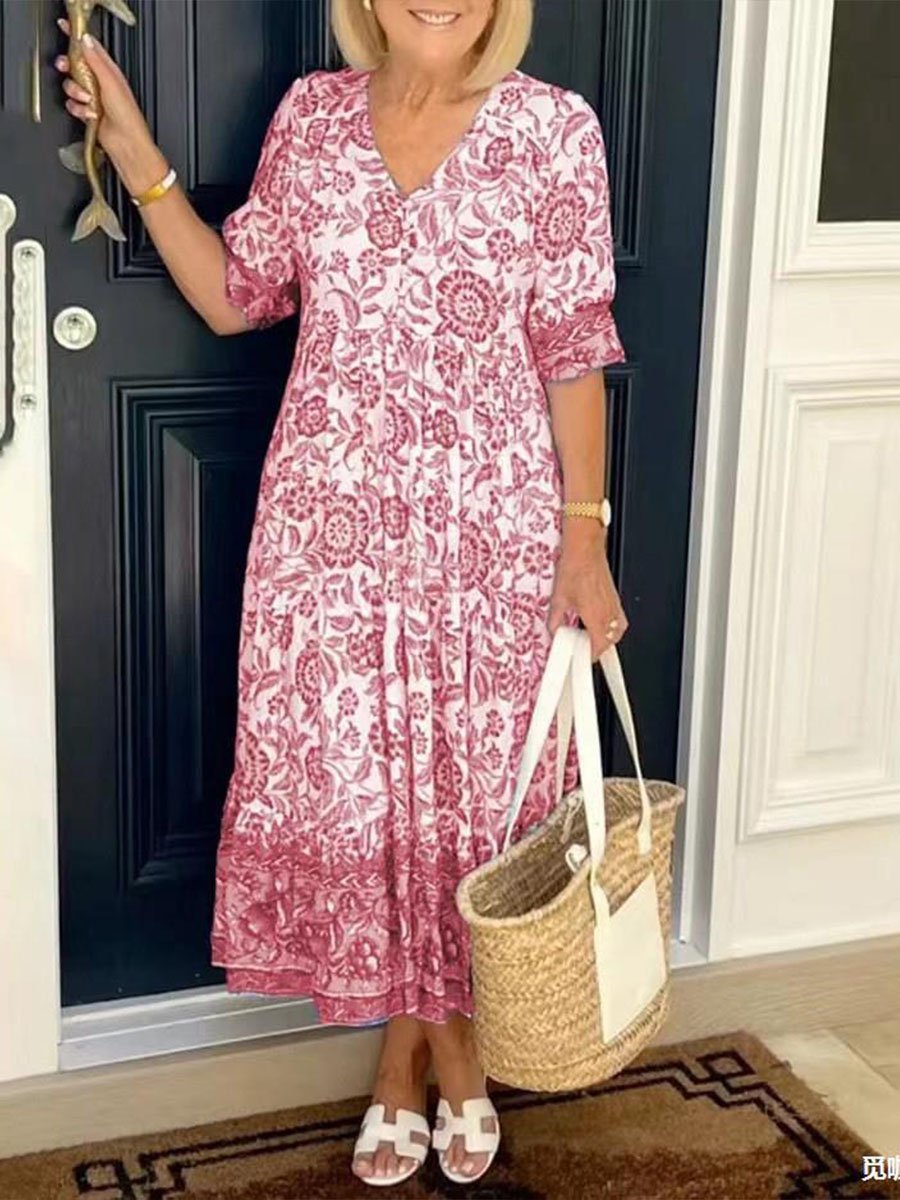 V-Neck Floral Seaside Vacation Beach Dress Loose And Versatile Dress
