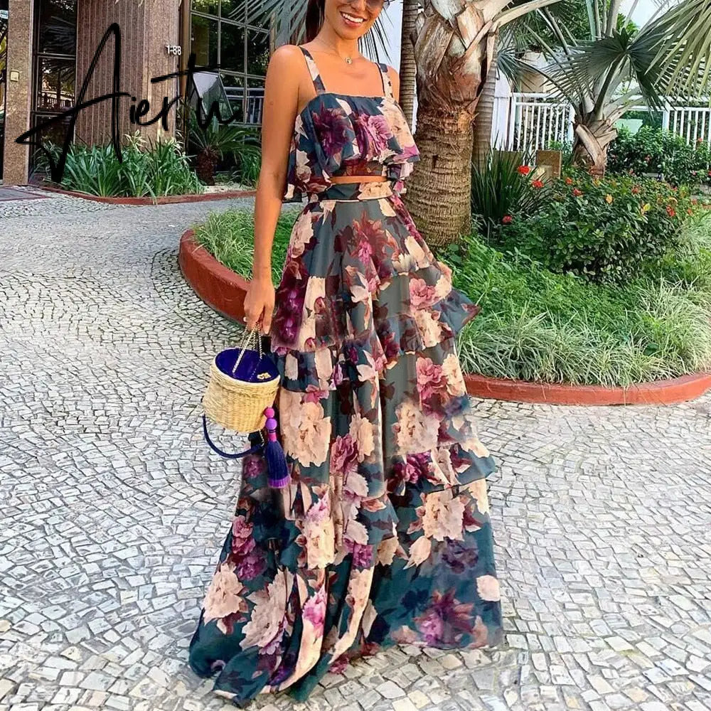 Women Summer Boho Beach Two Piece Set Sexy Skirt Set Crop Top+Maxi Long Skirt Floral Printed Ruffles High Waist Casual Two Piece Aiertu