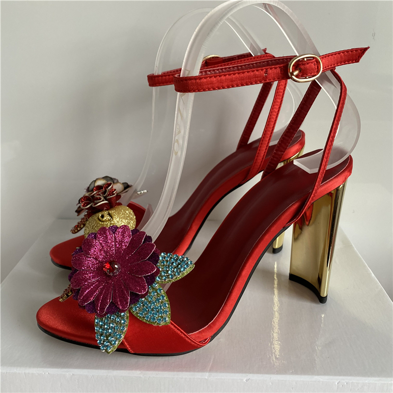VCSHOES Satin Ankle Strappy Sandals Girls For Women Strange Metal Heel Bling Sequins Crystal Flower Party Sandalias De Mujer