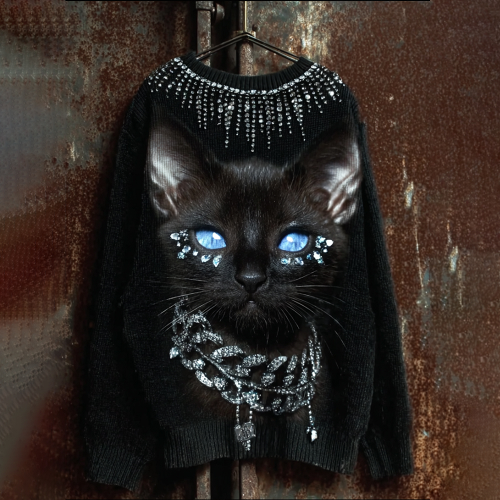 Blue Eyed Cat Rhinestone Warm Round Neck Sweater elevenforest