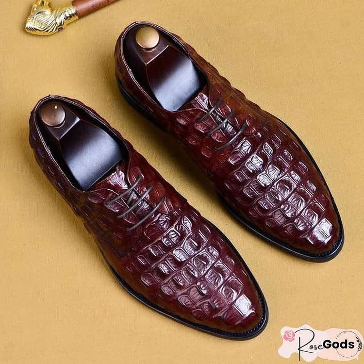 Luxury Men Dress Shoes Crocodile Pattern Genuine Leather Pointed Toe Lace Up Formal Shoes