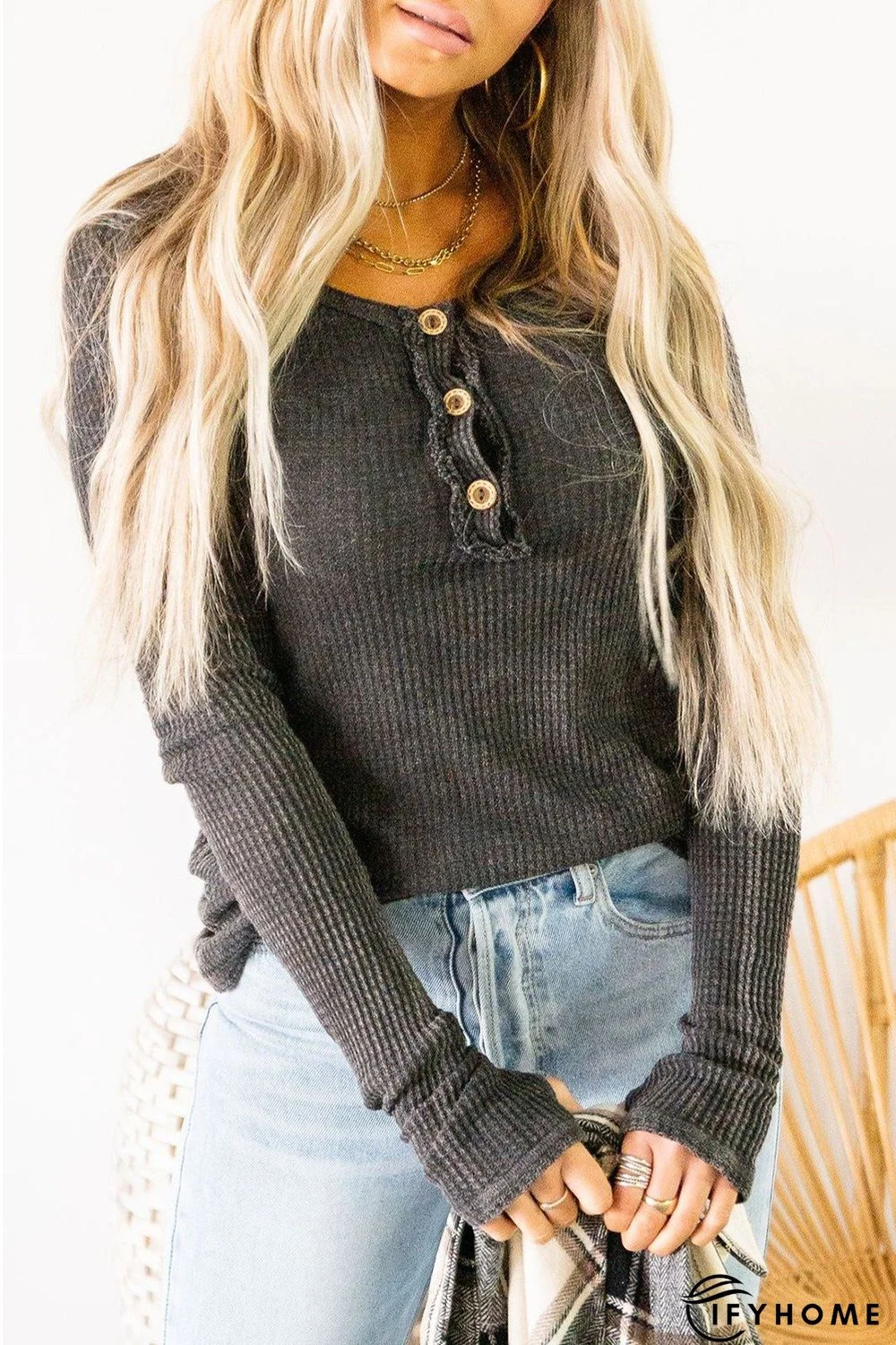 Gray Waffle Knit Long Sleeve Henley Top | IFYHOME