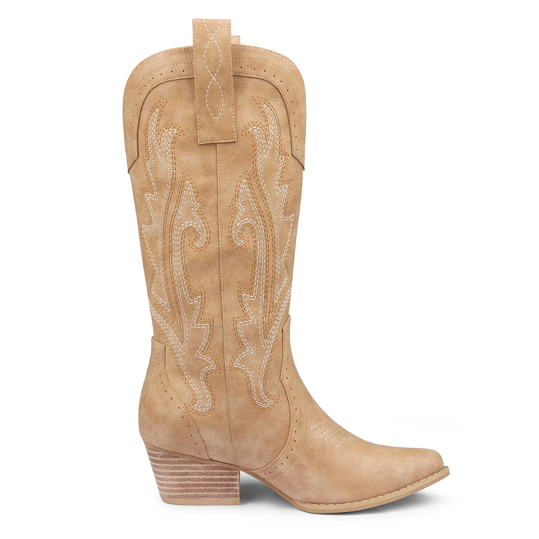 2" Women's Pointed Toe Embroidered Cowboy Boots Vintage Style Western Cowgirl Boots-MERUMOTE