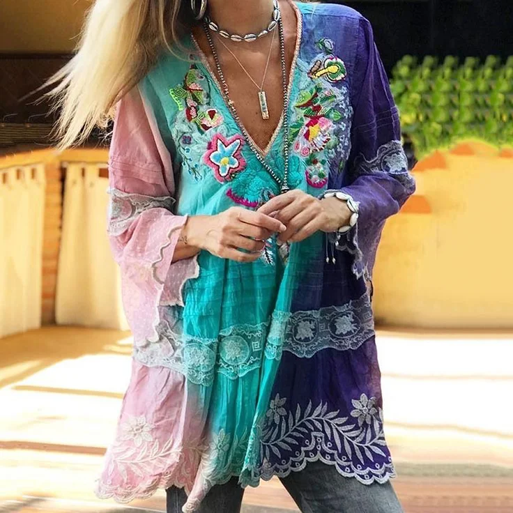 VChics Vintage Boho Purple Floral Embroidered Color Block Patchwork Linen V-neck Tunic
