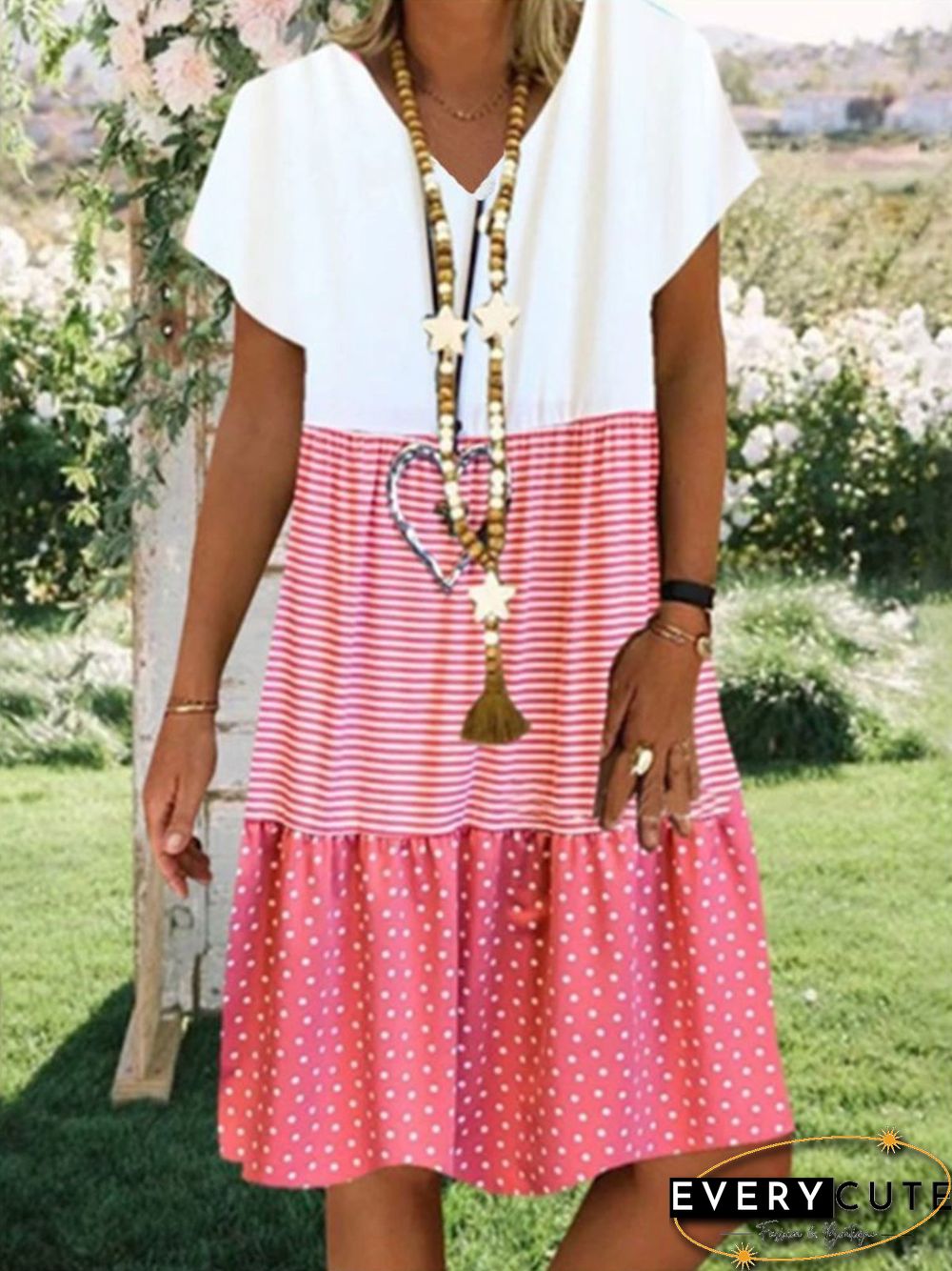 Neck Short Sleeve Cotton-Blend Weaving Dress