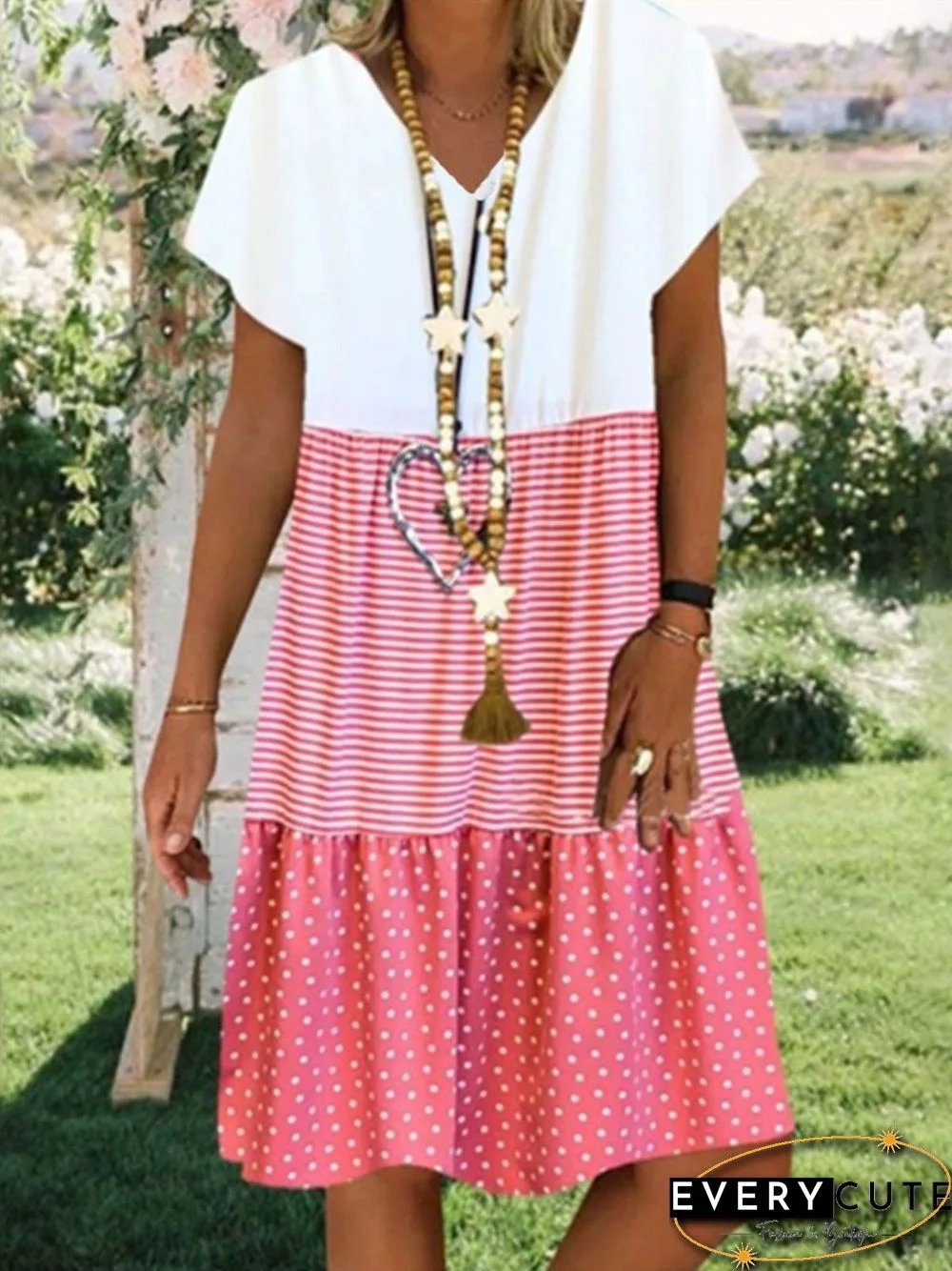 Neck Short Sleeve Cotton-Blend Weaving Dress