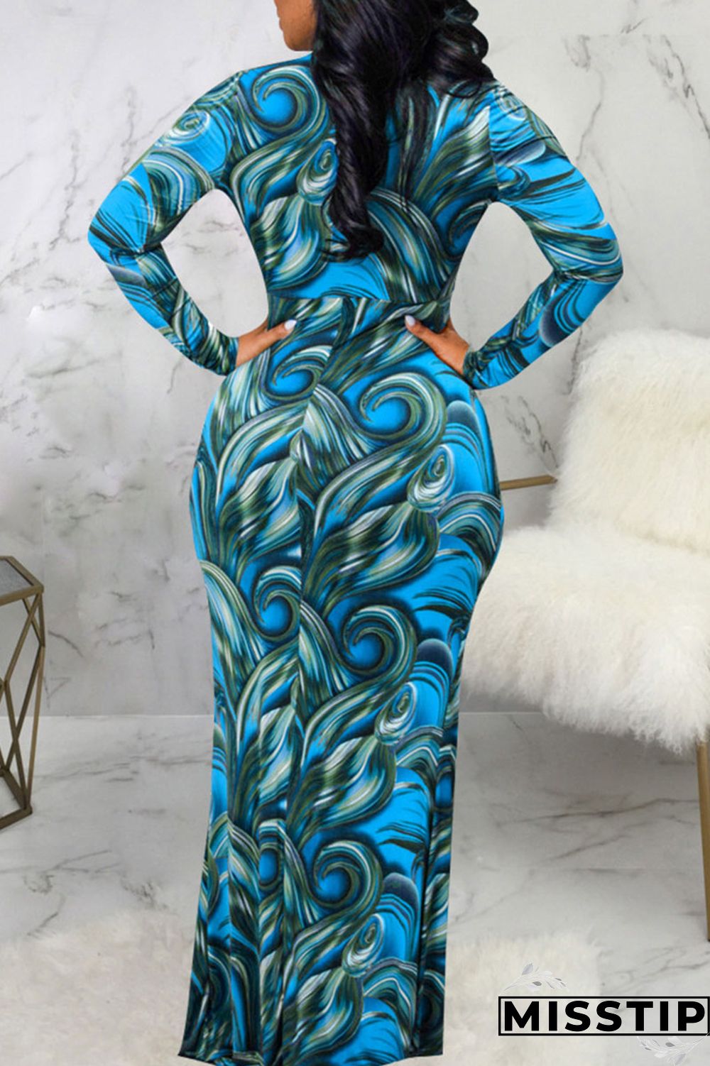 Blue Sexy Print Patchwork V Neck Long Sleeve Dresses