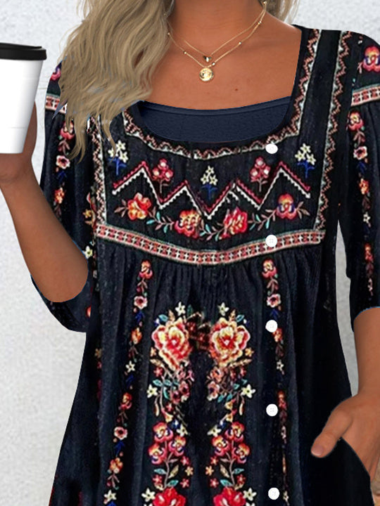 Women's Long Sleeve Scoop Neck Graphic Lace Buttons Top