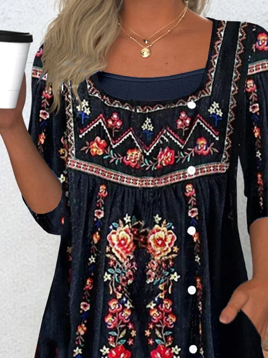 Women's Long Sleeve Scoop Neck Graphic Lace Buttons Top