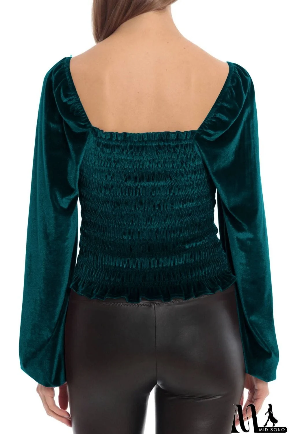 MidiSono - Smocked Square Neck Long Sleeve Blouse
