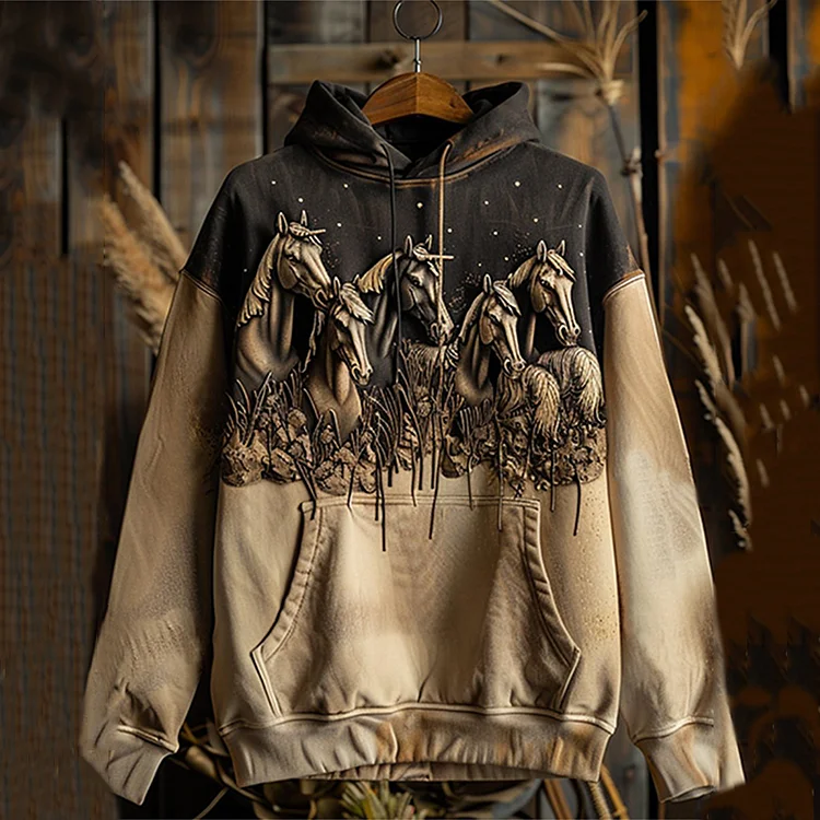 Comstylish Vintage Western Horse Print Hoodie