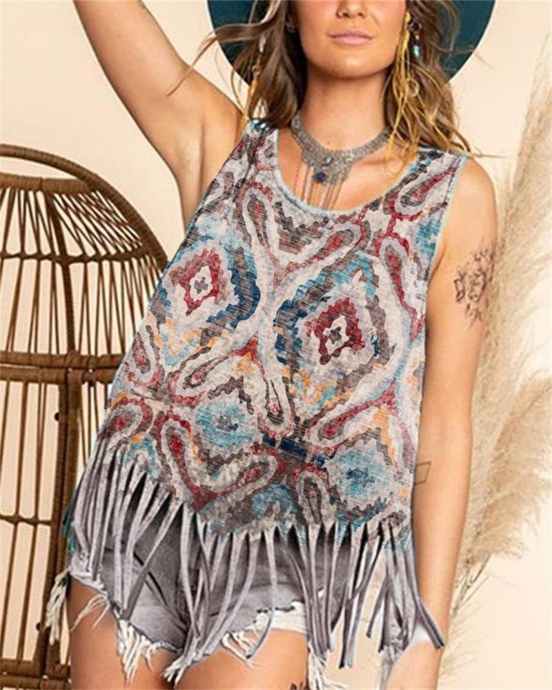 Casual Tribal Vintage Print Fringe Tank Top