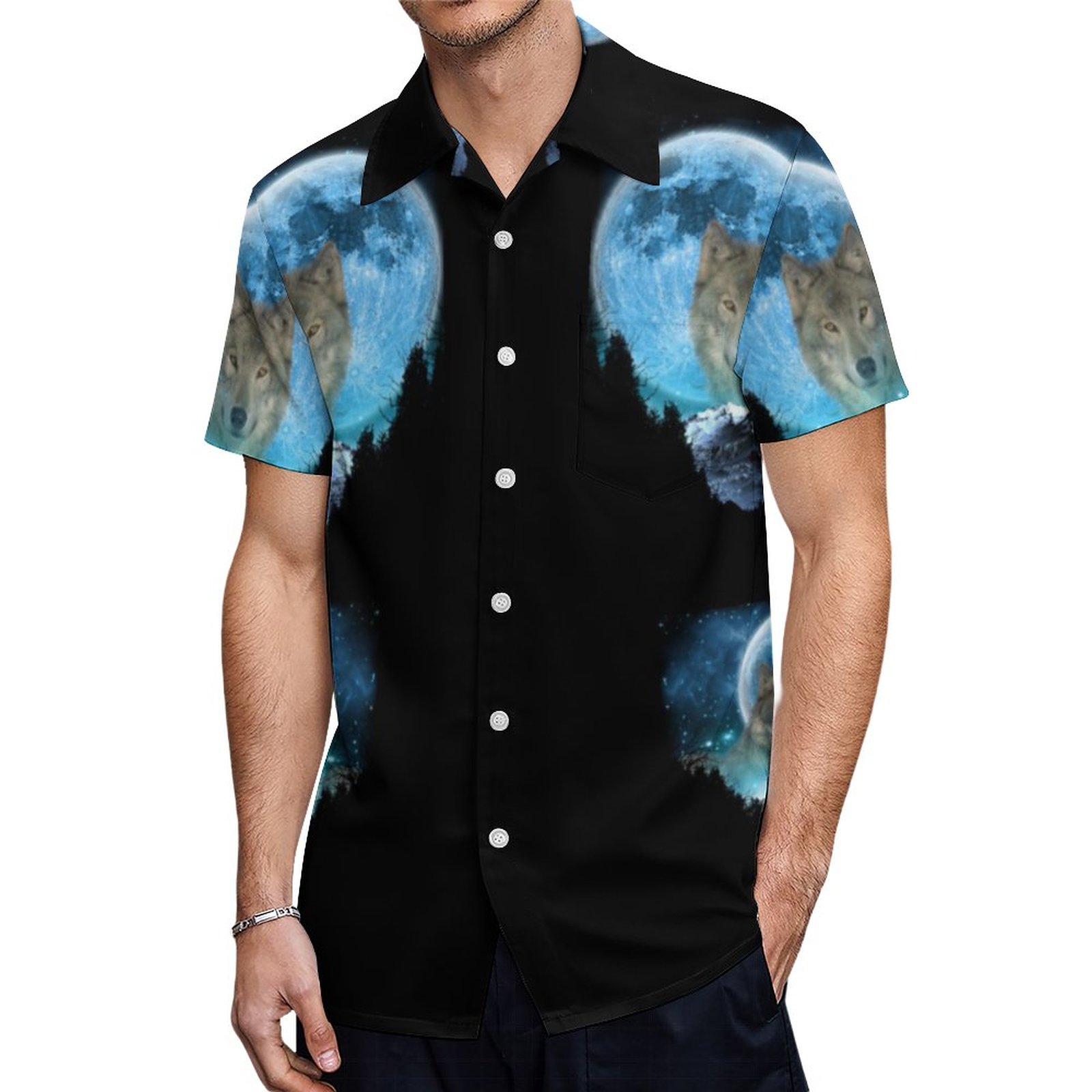Grey Timber Wolf Full Moon Escape Hawaiian Shirt Mens Button Down Plus Size Tropical Hawaii Beach Shirts